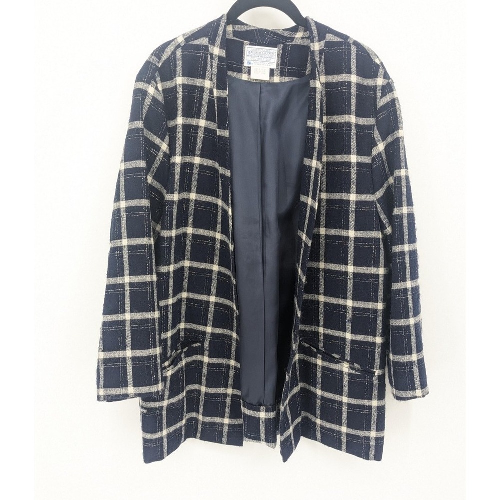 Pendleton Jacket Womens 20W Blue Plaid Wool Vintage‎ Open Blazer Pockets USA